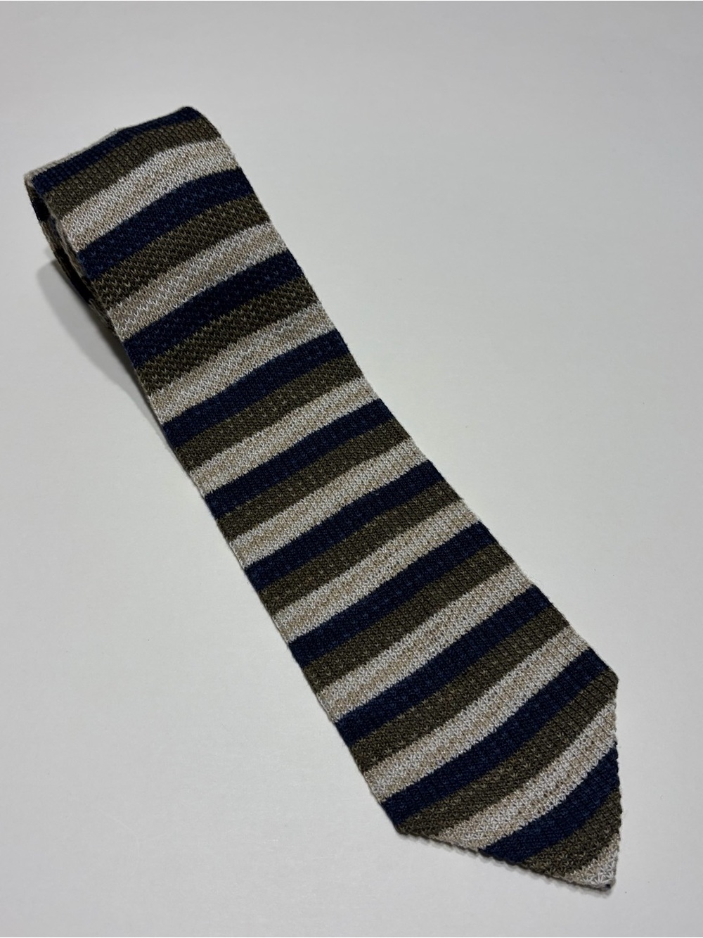 Jacobson’s Striped Knit Tie Navy Olive Gray Vintage Style Menswear